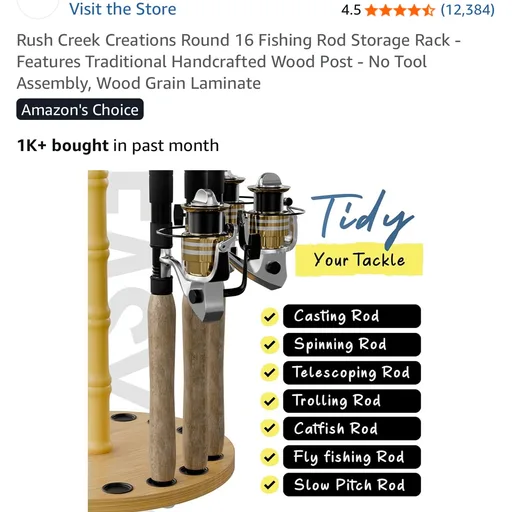 Rush Creek Creations Round 16 Fishing Rod Storage Rack - Features Traditional Handcrafted Wood Post - No Tool Assembly, Wood Grain Laminate