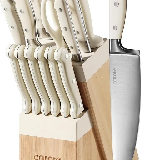 CAROTE 14-Piece Knife Set with Wood Block, Rust-Resistant, Cream