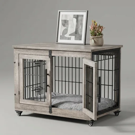 Lulive Dog Crate Furniture for Medium Dogs, 32'' Dog Kennel Indoor with Cushion & Wheels Wooden Dog Cage Double Doors Dog Crate End Table, Grey