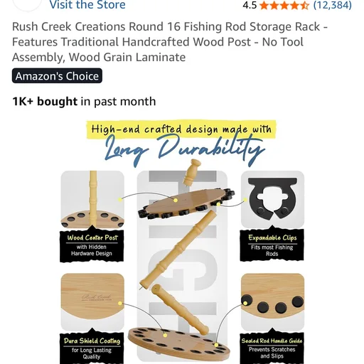 Rush Creek Creations Round 16 Fishing Rod Storage Rack - Features Traditional Handcrafted Wood Post - No Tool Assembly, Wood Grain Laminate