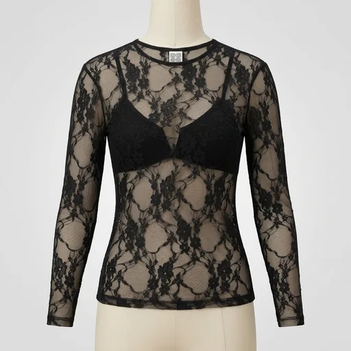 OFEEFAN Womens Mesh Tops Lace Long Sleeve Shirts Crewneck Slim Fitted Outfits See Through Blouses