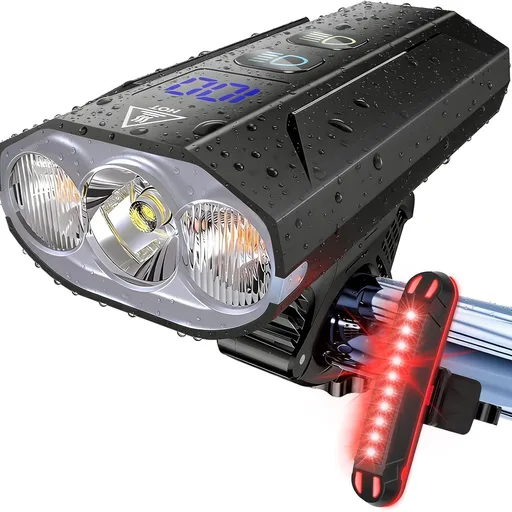 Bike Lights for Night Riding, 8000 Lumens Headlight & Taillight Set | 5800mAh Rechargeable Super Bright Bike Lights with LCD Power Display, Waterproof, 13 Light Modes for Mountain & Road Bikes