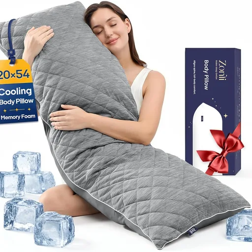 ZonLi Cooling Body Pillow for Adults Side Sleeper & Pregnancy - Memory Foam Insert Long Body Pillow 20 x 54 Inch with Washable Pillowcase, Gift for Men Women Grey