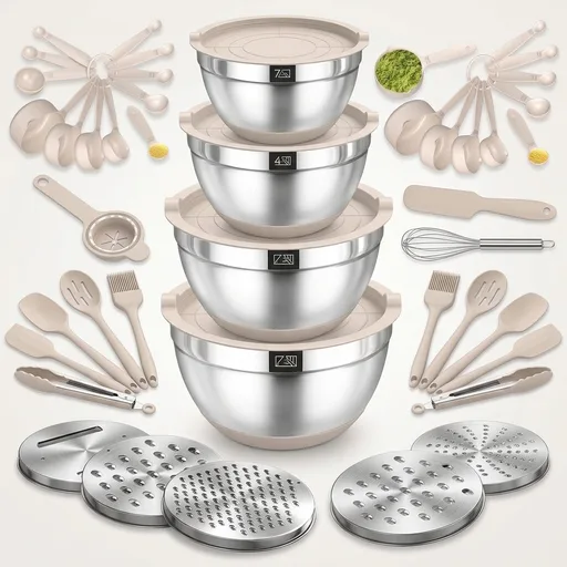 Mixing Bowls with Airtight Lids Set, 26PCS Stainless Steel Khaki Bowls with Grater Attachments, Non-Slip Bottoms & Kitchen Gadgets Set, Size 7, 4, 2.5, 2.0,1.5, 1QT, Great for Mixing & Serving
