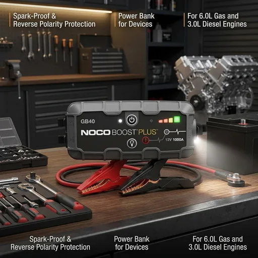 NOCO Boost GB40 12V 1000A UltraSafe Portable Lithium Jump Starter | Spark-Proof + Reverse Polarity Protection - Power Bank - 100-Lumen LED Flashlight - For 6.0L Gas and 3.0L Diesel Engines