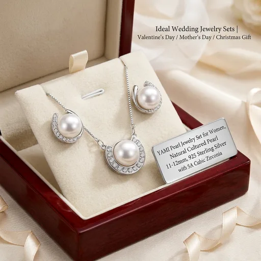YAMI Pearl Jewelry Set for Women, Natural Cultured Pearl 11-12mm, 925 Sterling Silver with 5A Cubic Zirconia, Wedding Jewelry Sets, Valentine's Day/Mother's Day/Christmas Gift