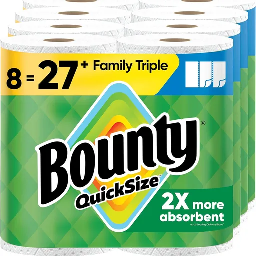 Bounty Quick-Size Paper Towels, White, 8 Family Triple Rolls = 27 Regular Rolls