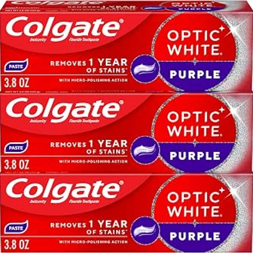 ColgateOptic White Purple Toothpaste with Fluoride, 3 Pack, 3.8 oz | Fresh Mint, Removes 1 Year of Stains With Micro-Polishing Action, Enamel Safe Whitening for