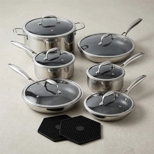 HexCladHybrid Nonstick 14-Piece Cookware Set, 8", 10", and 12" Pans with Lids, 2, 3, and 8Qt Pots with Lids, and 2 Silicone Trivets, Stay-Cool Handles, Dishwash