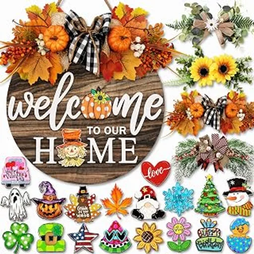 Interchangeable Welcome Sign with Seasonal Wreaths