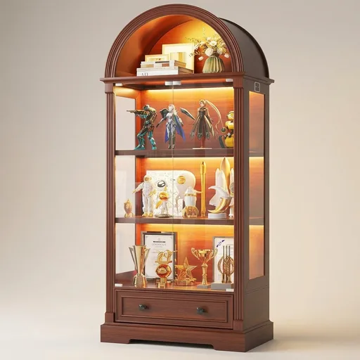 Dystler Curio Cabinet with Glass Doors, 72" Tall Arched Display Cabinet with Human Sensor Lights, 4-Tier Display Case for Collectibles Bookcase Living Room, Walnut