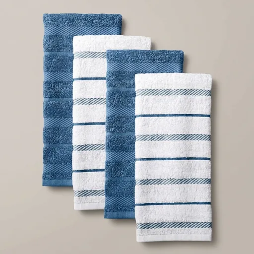 KitchenAid Albany Kitchen Towel 4-Pack Set, Blue Velvet/White, 16"x26"