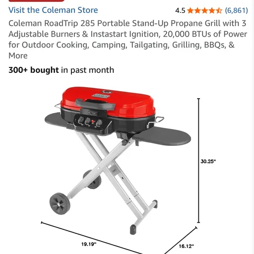 Coleman RoadTrip 285 Portable Stand-Up Propane Grill with 3 Adjustable Burners & Instastart Ignition, 20,000 BTUs of Power for Outdoor Cooking, Camping, Tailgating, Grilling, BBQs, & More