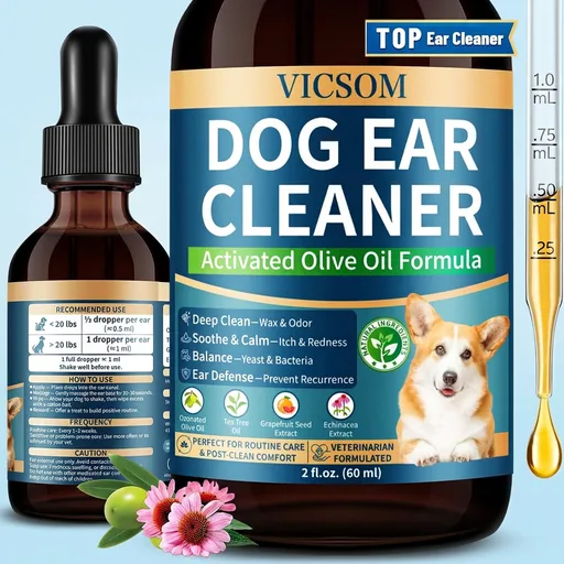 VICSOM Dog Ear Infection Treatment Drops, Natural Dog Ear Cleaner Ear Drops for Itch Relief, Support Wax, Odor & Yeast Infection, Dog Ear Cleaning Solution with Ozonated Olive Oil, 60ml