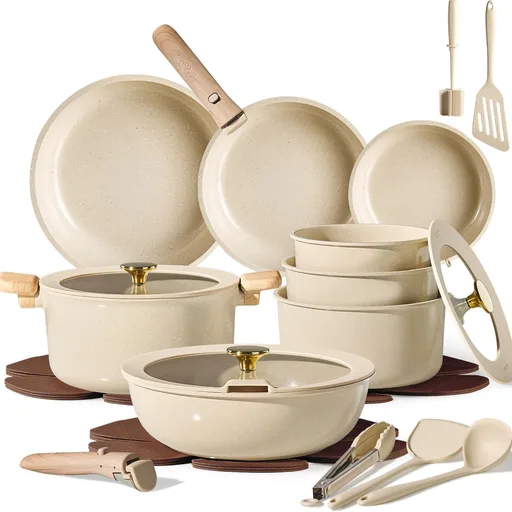 CAROTE 25PCS Ceramic Cookware Set, Pots and Pans set Non Stick, RV Kitchen Cooking Set Removable Handles, Oven Safe, Induction Cookware, Non-toxic Kitchen Cooking Set, PFAS and PFOA Free