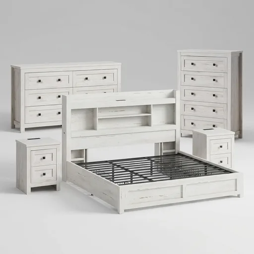 LUXOAK 5-Piece Farmhouse King Bedroom Furniture Set, LED Storage Bed Frame with Bookcase Headboard & Charging Station, 6-Drawer Dresser, 5-Drawer Tall Chest, Set of 2 Nightstands, Distressed White