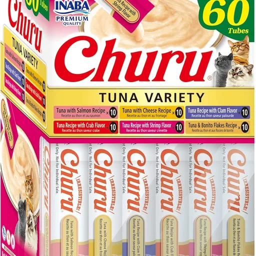 INABA Churu Cat Treats, Lickable, Squeezable Creamy Purée Cat Treat with Green Tea Extract & Taurine, 0.5 Ounces Each Tube, 60 Tubes, Tuna Variety Box