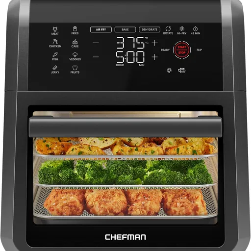 CHEFMAN Multifunctional Digital Air Fryer+ Rotisserie, Dehydrator, Convection Oven, 17 Touch Screen Presets Fry, Roast, Dehydrate, Bake, XL 10L Family Size, Auto Shutoff, Large Easy-View Window, Black