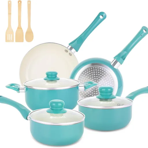 M MELENTA Pots and Pans Set Non Stick, 11pcs Turquoise Ceramic Cookware Set