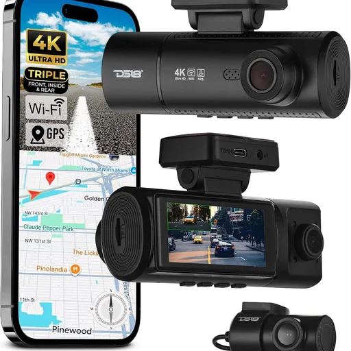DS18 Eagle-F3 4K Dash Cam Triple Front Cabin and Rear, WiFi GPS Dash Cam with Night Vision, 24/7 Parking Mode, G-Sensor, Loop Recording, Includes 64GB microSD Card