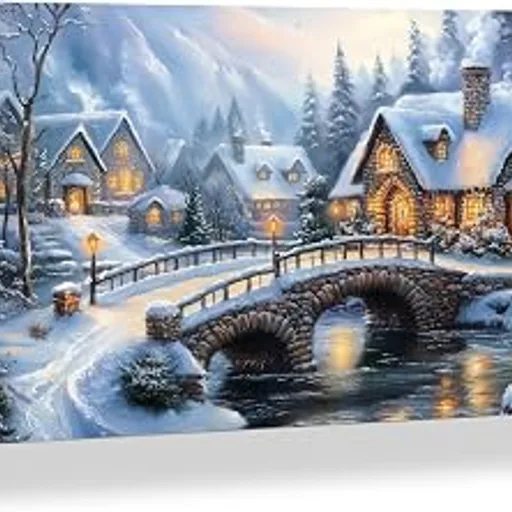 BANHUA1Christmas Canvas Wall Art, Thomas Kinkade Christmas Village Scene Painting, Winter Cottage and Bridge with Lights Wall Decor for Living Room, Bedroom, 24