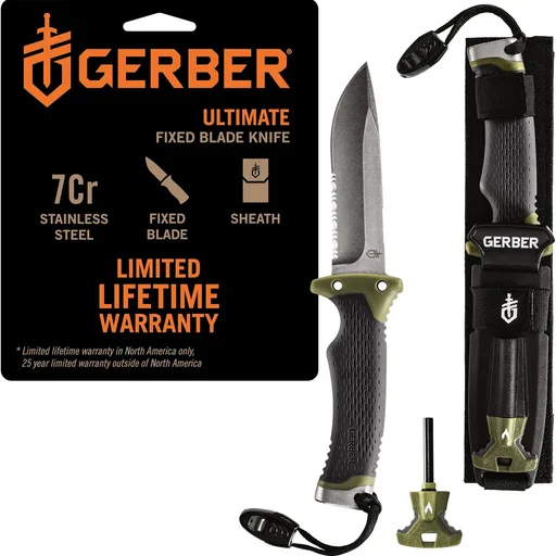 Gerber Ultimate Fixed Blade Knife w/Sheath, Knife Sharpener, Ferro Rod