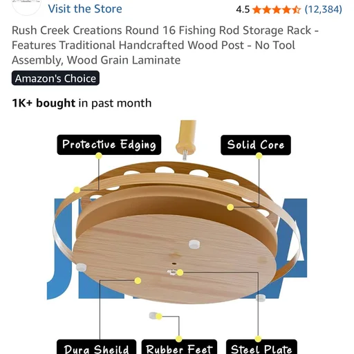 Rush Creek Creations Round 16 Fishing Rod Storage Rack - Features Traditional Handcrafted Wood Post - No Tool Assembly, Wood Grain Laminate
