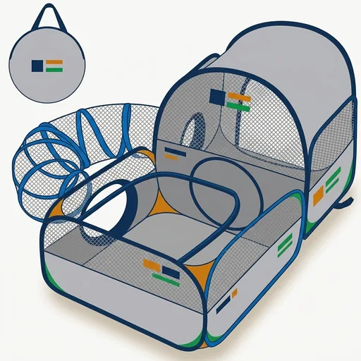 Portable Cat Playpen with Surround Tunnel, 2-Linked-Enclosed Areas, Ideal Cat Tent Outdoor or Cat Playpen for Indoor Cats Enclosed.Breathable Mesh Design for Indoor & Outdoor Use(Grey)