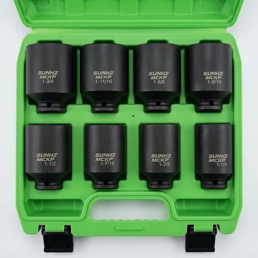 SUNHZMCKP 1/2" Drive Deep 6-Point Impact Socket Set, 8-Piece Standard SAE Spindle Axle Nut Impact Socket Set, Cr-Mo, 1-1/4-Inch to 1-3/4-Inch Size