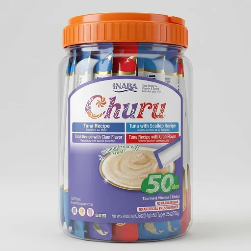 INABA Churu Cat Treats, Lickable, Squeezable Creamy Purée Cat Treat with Green Tea Extract & Taurine, 0.5 Ounces Each Tube, 50 Tubes, Tuna & Seafood Variety