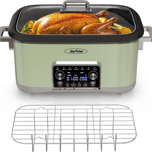 12-in-1 Programmable Slow Cooker Roaster Oven, 8 Quart Digital Multi-Cooker Food Warmer with Timer, Temp Control & Auto Shut Off, Removable Non-Stick Pot, Dishwasher-Safe Glass Lid, Green