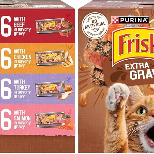 Friskies Purina Extra Gravy Wet Cat Food Chunky Variety Pack (with Chicken,Turkey,Salmon,Beef) - 5.5 oz. Cans,(Pack of 48)