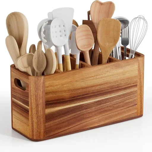 Utensil Holder for Kitchen Counter, Extra Large Utensil Holder for Countertop with 4 Compartments Wooden Cooking Utensil Organizer for Spatula Kitchen Storage, Acacia Wood
