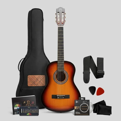Pyle Beginner Acoustic Guitar Kit, 3/4 Junior Size All Wood Instrument with Full Accessory Kit, Picks, Shoulder Strap, Carry Case, Cleaning Cloth, Tuner App, 2 Month Lessons, 36” (Sunburst Gloss)