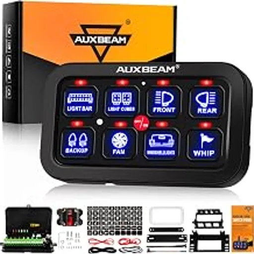 Auxbeam8 Gang Switch Panel BA80, Universal Circuit Control Relay System | Automatic Dimmable, On-Off LED Switch Control Panel for Car Pickup Truck UTV ATV Boat,