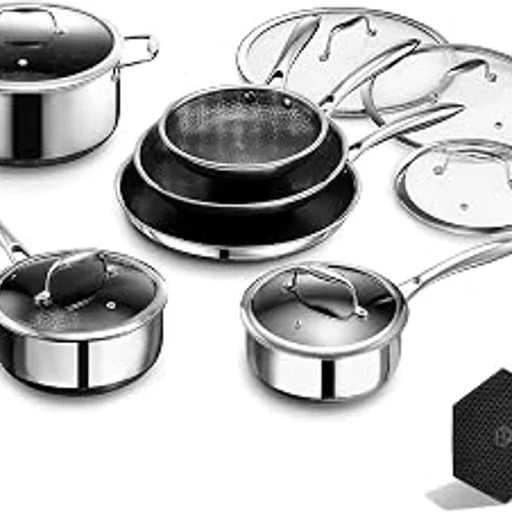 HexCladHybrid Nonstick 14-Piece Cookware Set, 8", 10", and 12" Pans with Lids, 2, 3, and 8Qt Pots with Lids, and 2 Silicone Trivets, Stay-Cool Handles, Dishwash