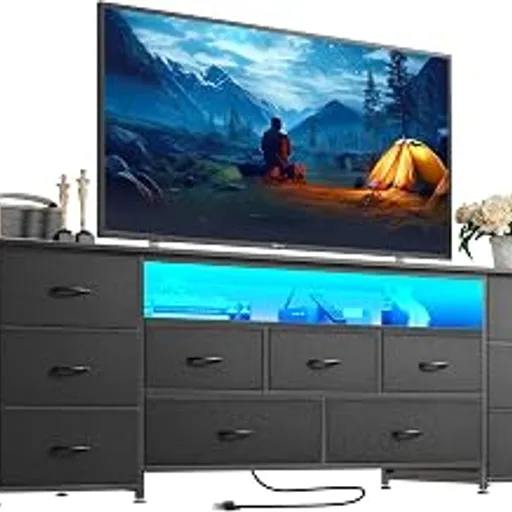 Huuger 63 Inch TV Stand for 65, 70 Inch TV, 11 Drawer Long Dresser with Power Outlets and LED Lights, Entertainment Center with Storage, Black Dresser with PU L