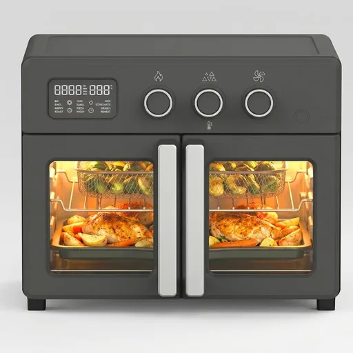 Martha Stewart French Door Air Fryer Toaster Oven Combo, 34QT Countertop Convection, 12-in-1, Bake, Broil, Roast, Fits 12” Pizza, Dehydrate, 5 Accessories, Air Fry Basket, Stainless Steel, Caviar Gray